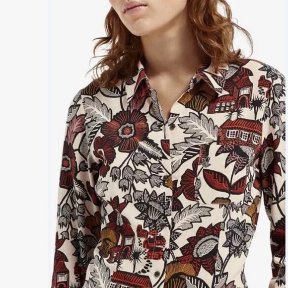 NWOT Scotch&Soda Blouse Button down Novelty Jungle Tropical print Designer Sz S - Picture 1 of 16